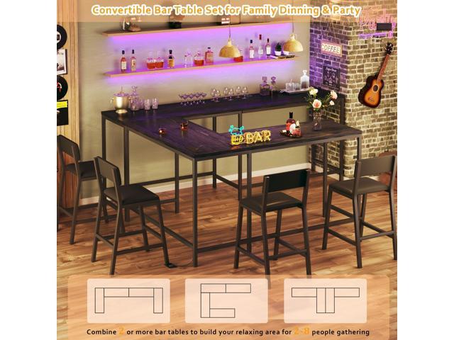 Bar Table and Chairs Set, 3 Piece Convertible L-Shaped Kitchen Table with 2 PU Leather Bar Stools, 63 Counter Height Small Dining Table with Power...