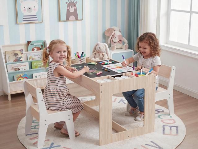 Costzon Table and Chairs for Kids 2-5, 4-1 Wooden Activity Desk Set w/Whiteboard, Chalkboard & Storage Cubes for Drawing, Crafting, Playing,...