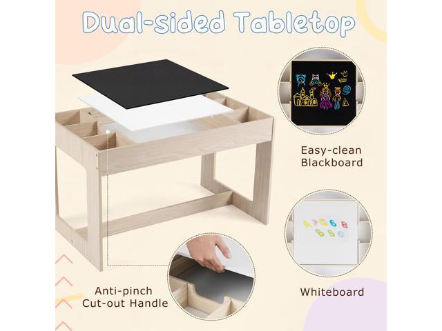 Costzon Table and Chairs for Kids 2-5, 4-1 Wooden Activity Desk Set w/Whiteboard, Chalkboard & Storage Cubes for Drawing, Crafting, Playing,...