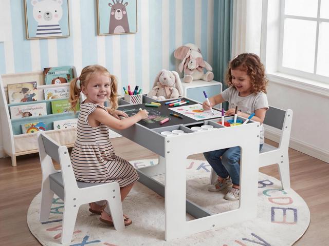 Costzon Table and Chairs for Kids 2-5, 4-1 Wooden Activity Art Desk Set w/Whiteboard, Chalkboard & Storage Cubes for Drawing, Crafting, Playing,...
