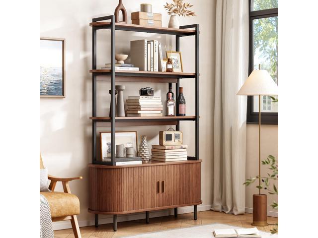 ONBRILL 71' Tall Bookshelf, 4-Tier Book Shelf with Storage Cabinet, Modern Bookcase with Sliding Door and Adjustable Footpad, Freestanding Storage...