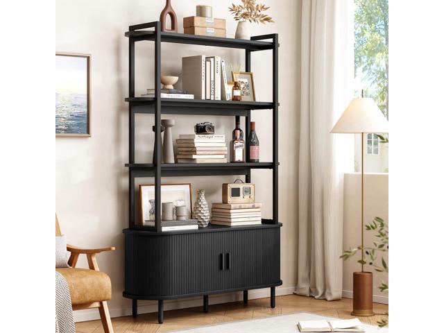 ONBRILL 71' Tall Bookshelf, 4-Tier Book Shelf with Storage Cabinet, Modern Bookcase with Sliding Door and Adjustable Footpad, Freestanding Storage...