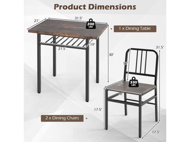 Giantex 3-Piece Dining Table Set, Rectangular Kitchen Table with Storage Rack and 2 Dining Chairs, Heavy-Duty Metal Frame, Space-Saving Dinette Set...