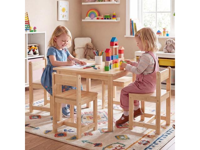Costzon Kids Table and Chairs, 5 Pieces Rubber Wood Toddler Desk Set for Arts, Crafts, Homework & Snack Time, Toddler Table and Chair Set for...