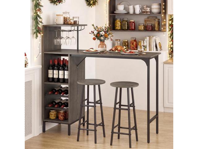 Giantex 3 Pieces Bar Table and Stools Set, Bistro Table Set with Glass Holder, 2 Tier Wine Rack & Storage Shelves, Kitchen Counter Table with 2...
