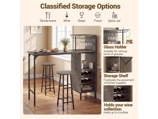 Giantex 3 Pieces Bar Table and Stools Set, Bistro Table Set with Glass Holder, 2 Tier Wine Rack & Storage Shelves, Kitchen Counter Table with 2...