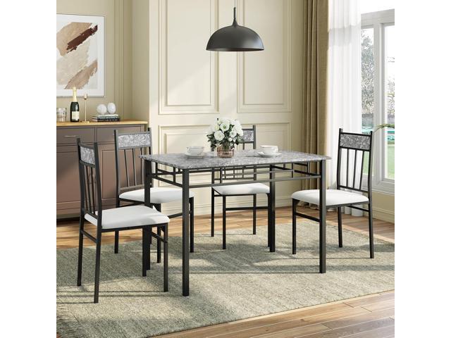 Giantex 5-Piece Dining Table Set for 4, Kitchen Table and Upholstered Chairs Set with Faux Marble Tabletop & Metal Frame, Space-Saving Dinette Set...