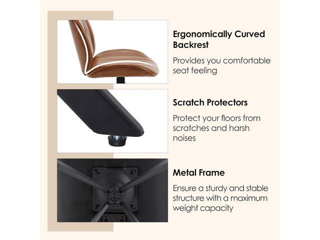 19' Faux Leather Swivel Office Chair No Wheels, Armless Upholstered Criss Cross Desk Chair, Modern Vanity Chair for Bedroom Home Office, Brown
