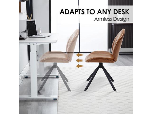 19' Faux Leather Swivel Office Chair No Wheels, Armless Upholstered Criss Cross Desk Chair, Modern Vanity Chair for Bedroom Home Office, Brown