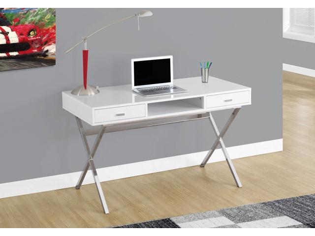 Monarch Specialties Laptop Table with Drawers and Open Shelf Computer, Writing Desk, Metal Sturdy Legs, 48' L, Glossy White