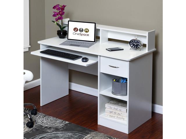 OneSpace Essential Computer Desk, Hutch with Pull-Out Keyboard, White
