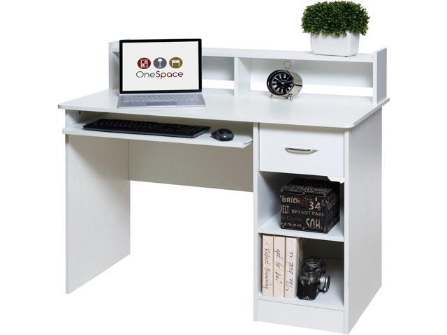 OneSpace Essential Computer Desk, Hutch with Pull-Out Keyboard, White