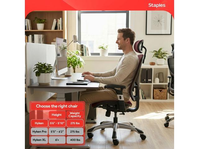 STAPLES Hyken Ergonomic Task Chair, Mesh, Ergonomic, Lumbar Support, Swivel, Maroon