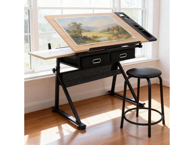 ZENY Drafting Table Art Desk Drawing Table Height Adjustable Artist Table with Tilted Tabletop, Drafting Stool and Storage Drawer for Reading,...