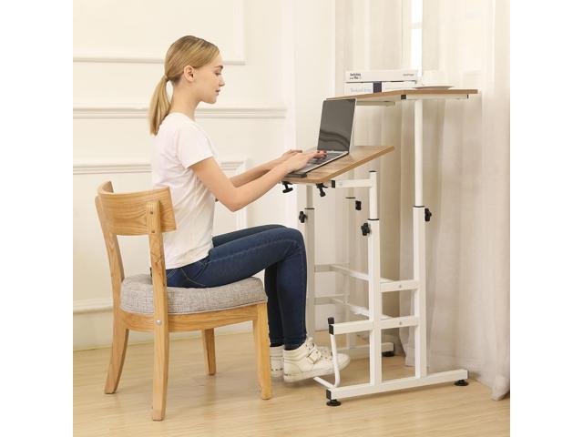 SDADI L101XWFDT Adjustable-Height Steel-Framed Mobile Standing Office Computer Desk with 2 Tiers and Lockable Caster Wheels, Dark Grain