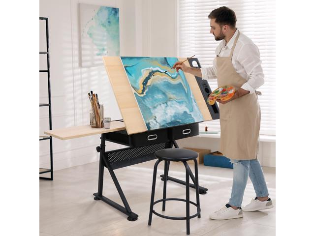 LEMY Drafting Table with Stool, Height Adjustable Tilting Tabletop Art Desk with Storage Drawer, Artist Sketching Work Station for Drawing,...