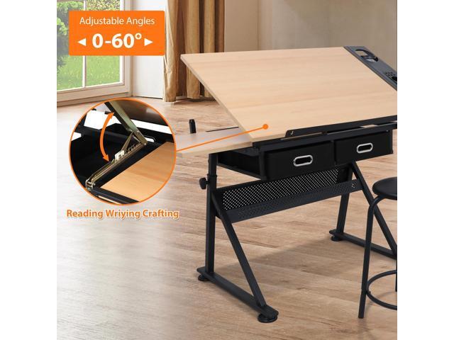 HomGarden Height Adjustable Drafting Desk Drawing Table Art Craft Work Station w/Stool, Storage Drawers for Drawing, Reading, Writing