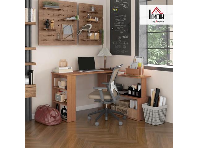 HOMCOM L Shaped Desk, Corner Computer Desk, 360 Degree Rotating Home Office Desk with Storage Shelves, Writing Table Workstation, Teak