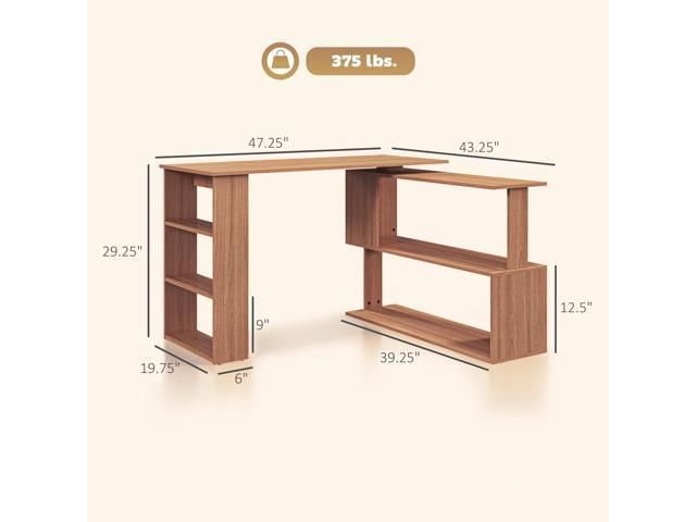 HOMCOM L Shaped Desk, Corner Computer Desk, 360 Degree Rotating Home Office Desk with Storage Shelves, Writing Table Workstation, Teak
