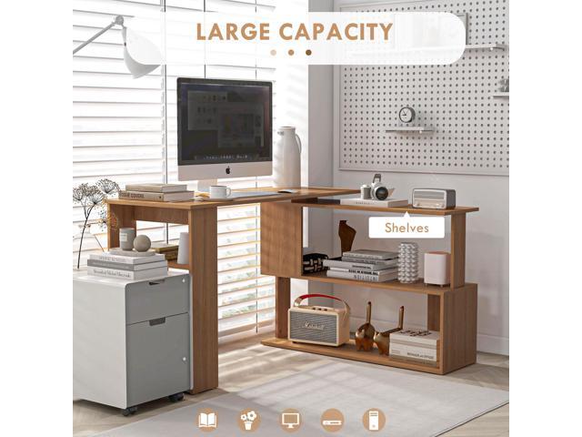 HOMCOM L Shaped Desk, Corner Computer Desk, 360 Degree Rotating Home Office Desk with Storage Shelves, Writing Table Workstation, Teak