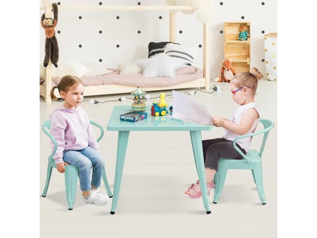 Costzon Kids Table and 2 Chair Set for Indoor/Outdoor Use, Steel Table and Stackable Chairs, Preschool, Bedroom, Playroom, Home, Furniture for...