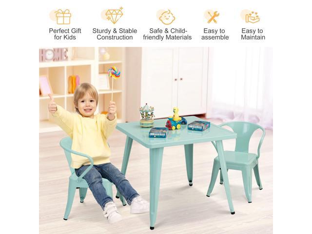 Costzon Kids Table and 2 Chair Set for Indoor/Outdoor Use, Steel Table and Stackable Chairs, Preschool, Bedroom, Playroom, Home, Furniture for...