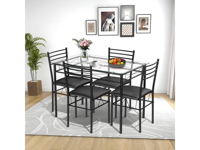 Tangkula Dining Table Set, 5 Pieces Dining Set with Tempered Glass Top Table and 4 Chairs, Kitchen Dining Room Furniture, Black