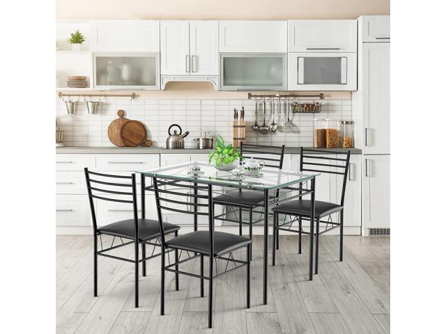 Tangkula Dining Table Set, 5 Pieces Dining Set with Tempered Glass Top Table and 4 Chairs, Kitchen Dining Room Furniture, Black