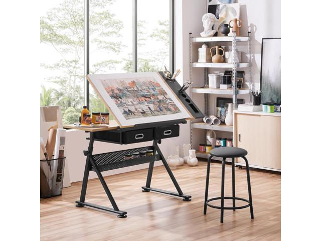 Yaheetech Height Adjustable Drafting Table Drawing Table Artist Desk Tilting Tabletop Art Craft Desk Watercolor Paintings Sketching Work Station...