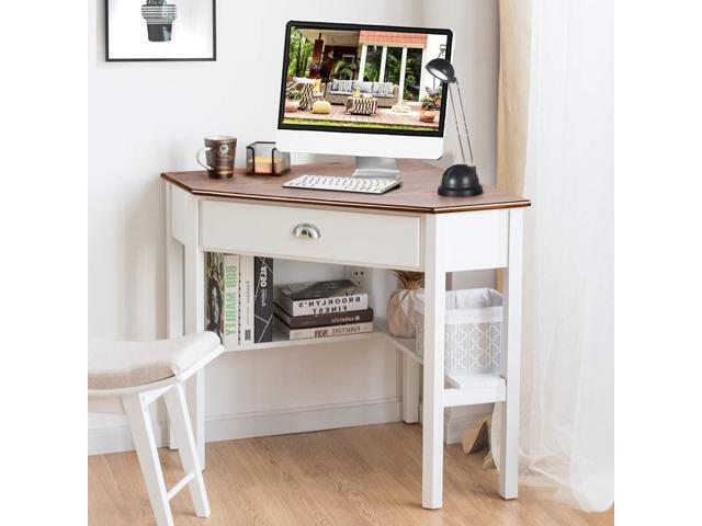 Tangkula Corner Desk, Corner Computer Desk with Drawer for Small Space, Small Corner Makeup Vanity Desk, 90 Degrees Triangle Corner Desk with...
