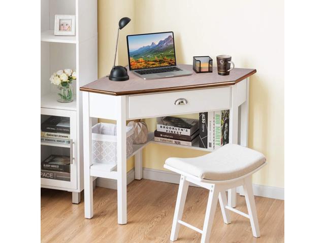 Tangkula Corner Desk, Corner Computer Desk with Drawer for Small Space, Small Corner Makeup Vanity Desk, 90 Degrees Triangle Corner Desk with...