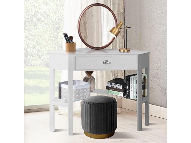 LDAILY White Corner Desk, Triangle Makeup Vanity Desk for Small Space, Compact Writing Desk with Storage Shelves & Drawer, Space Saving Corner...