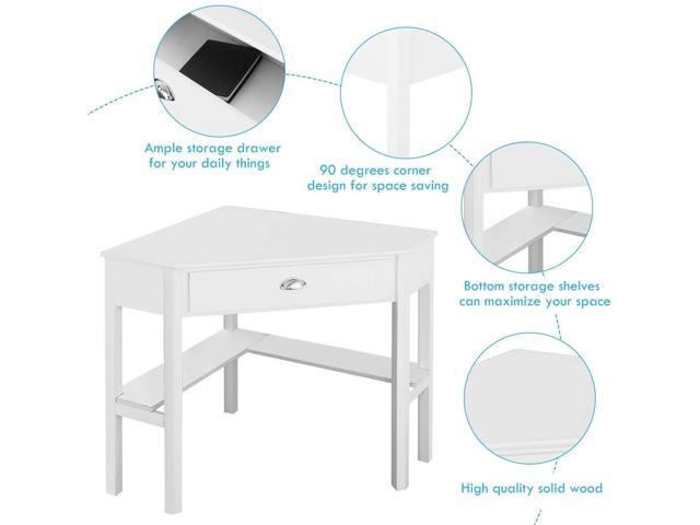 LDAILY White Corner Desk, Triangle Makeup Vanity Desk for Small Space, Compact Writing Desk with Storage Shelves & Drawer, Space Saving Corner...