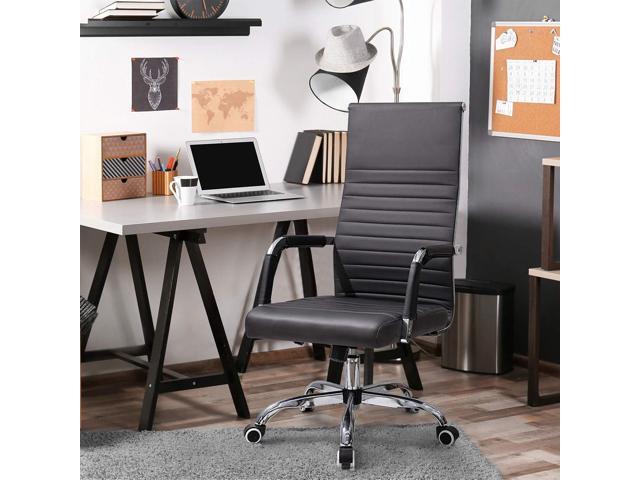 Ribbed Office Chair High Back PU Leather Desk Chair Adjustable Swivel Task Chair Computer Chair with Armrest for Conference Study Leisure (Black)