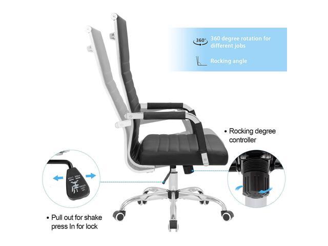 Ribbed Office Chair High Back PU Leather Desk Chair Adjustable Swivel Task Chair Computer Chair with Armrest for Conference Study Leisure (Black)