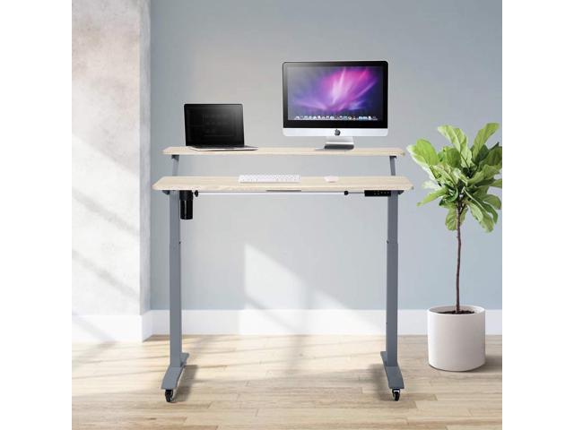 UNICOO Electric Height Adjustable 2-Tier Raising Desk with Wheels, Mobile Standing Desk with Monitor Stand, Ergonomic Adjustable Computer Table,...