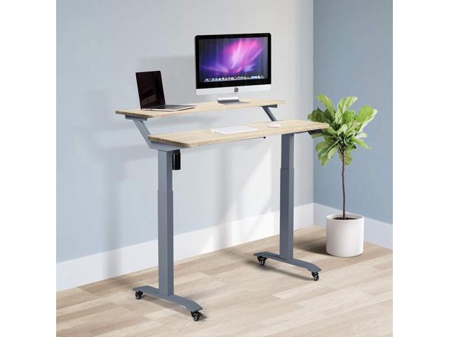 UNICOO Electric Height Adjustable 2-Tier Raising Desk with Wheels, Mobile Standing Desk with Monitor Stand, Ergonomic Adjustable Computer Table,...