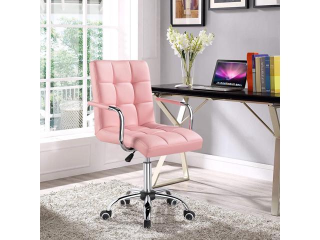 Yaheetech Modern PU Leather Desk Office Chairs with Wheels/Armrests Height Adjustable Home Computer Executive Chair on Wheels 360° Swivel, Pink