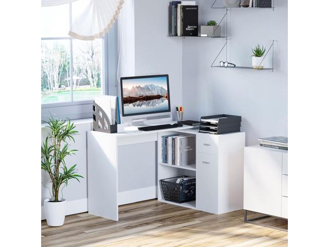 HOMCOM L Shaped Computer Desk, 180° Rotating Corner Desk with Storage Shelves, Drawer and Cabinet, Study Workstation for Home Office, White