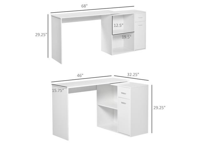 HOMCOM L Shaped Computer Desk, 180° Rotating Corner Desk with Storage Shelves, Drawer and Cabinet, Study Workstation for Home Office, White