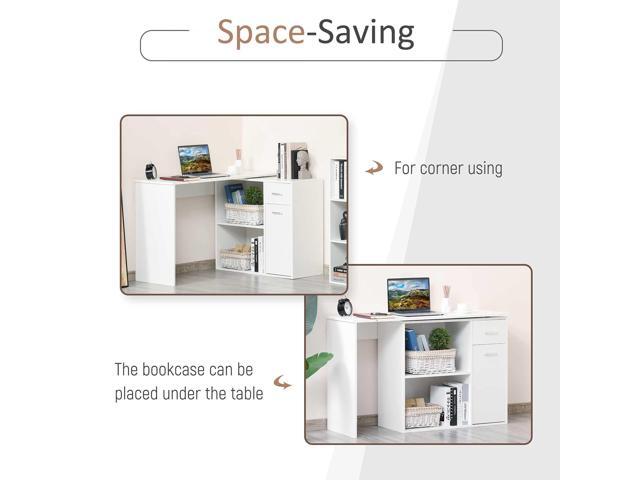 HOMCOM L Shaped Computer Desk, 180° Rotating Corner Desk with Storage Shelves, Drawer and Cabinet, Study Workstation for Home Office, White