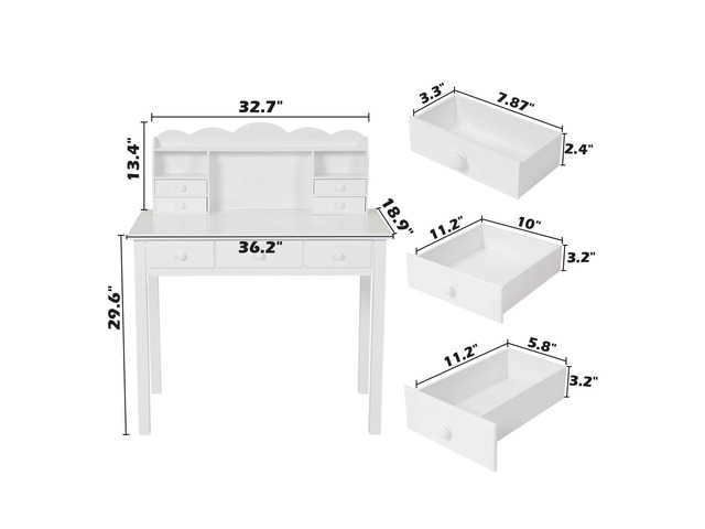 ADORNEVE Writing Desk with 7 Drawers, Home Office Desk with Hutch, Student Desk Study Table, Small White Desks, Solid Pine Wood Legs