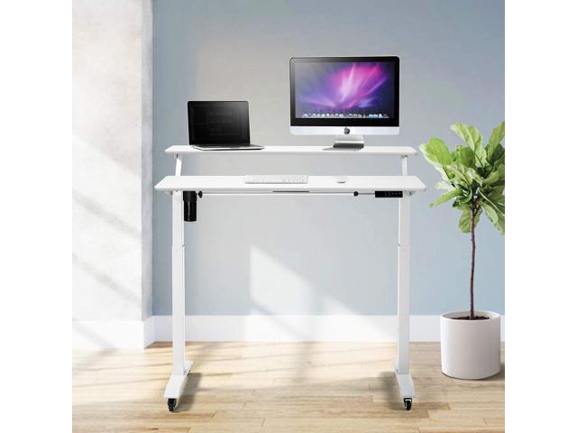 UNICOO Electric Height Adjustable 2-Tier Raising Desk with Wheels, Mobile Standing Desk with Monitor Stand, Ergonomic Adjustable Computer Table,...