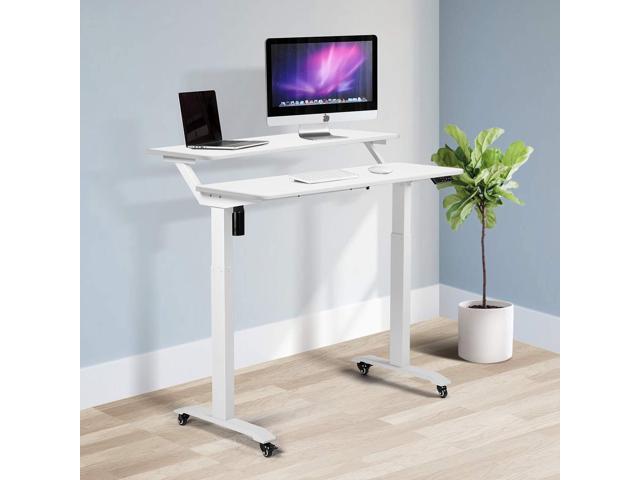 UNICOO Electric Height Adjustable 2-Tier Raising Desk with Wheels, Mobile Standing Desk with Monitor Stand, Ergonomic Adjustable Computer Table,...