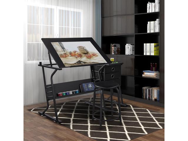 Yaheetech Drafting Table for Adults/Artists, Drawing Desk, Tabletop Adjustable Art/Craft Desk with Stool and 3 Slide Drawers, Sketching Painting...