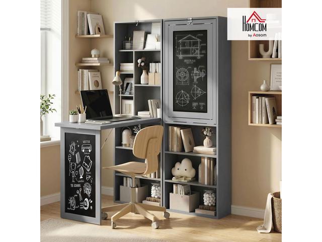 HOMCOM Fold-Out Convertible Writing Table, Computer Desk with Blackboard and Side Shelf Multi-Function Home Office Workstation, Charcoal Gray