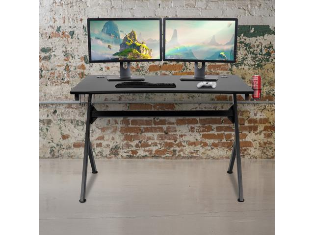 EMMA + OLIVER Black Computer Table Gaming Desk - Headphone Holder and 2 Cable Management Holes