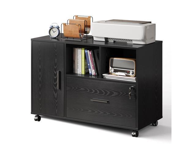DEVAISE Office File Cabinet with Lock, 1-Drawer Wood Lateral Filing Cabinet on Wheels, Printer Stand with Open Storage Shelves for Home Office, Black