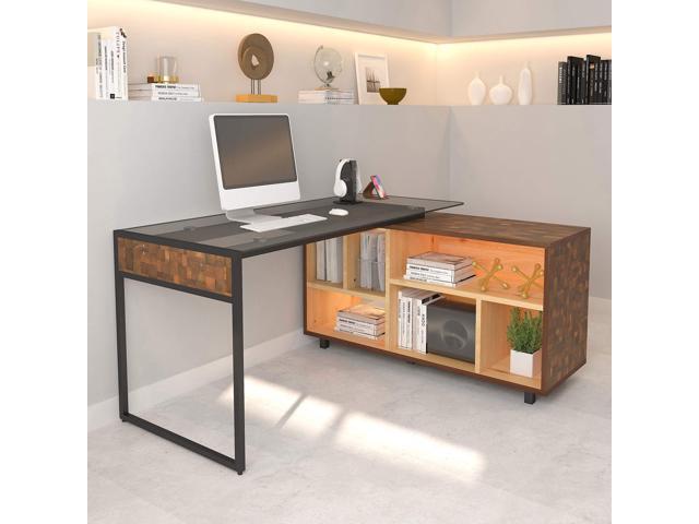 Techni Mobili L-Shape Corner Desk with Multiple Storage, Oak, 56' W x 48.75' D x 30' H