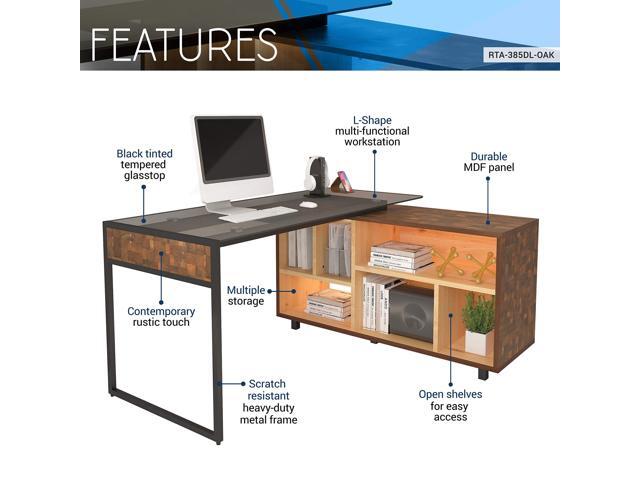 Techni Mobili L-Shape Corner Desk with Multiple Storage, Oak, 56' W x 48.75' D x 30' H